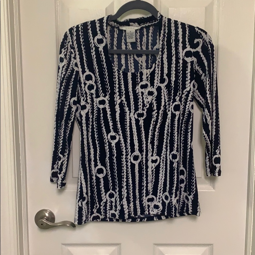 Grace Navy Blouse with White Chain Print